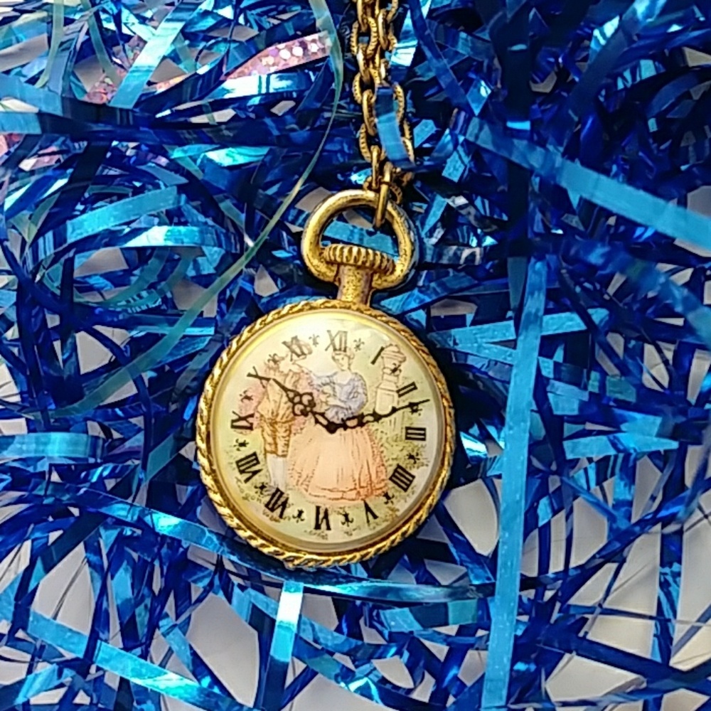 Vintage "Courtly" Romance Gold and Porcelain Stopwatch Pendant  Necklace